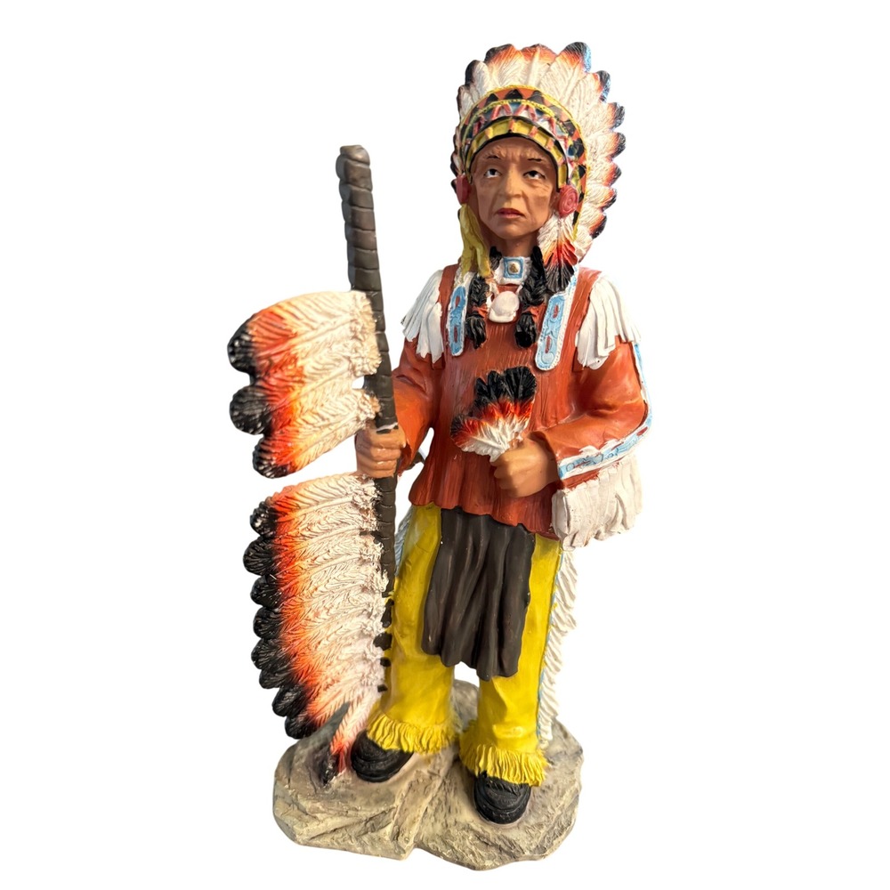 Native American Chief Figurine 10.5"Feather Headdress Staff Resin Statue Decor